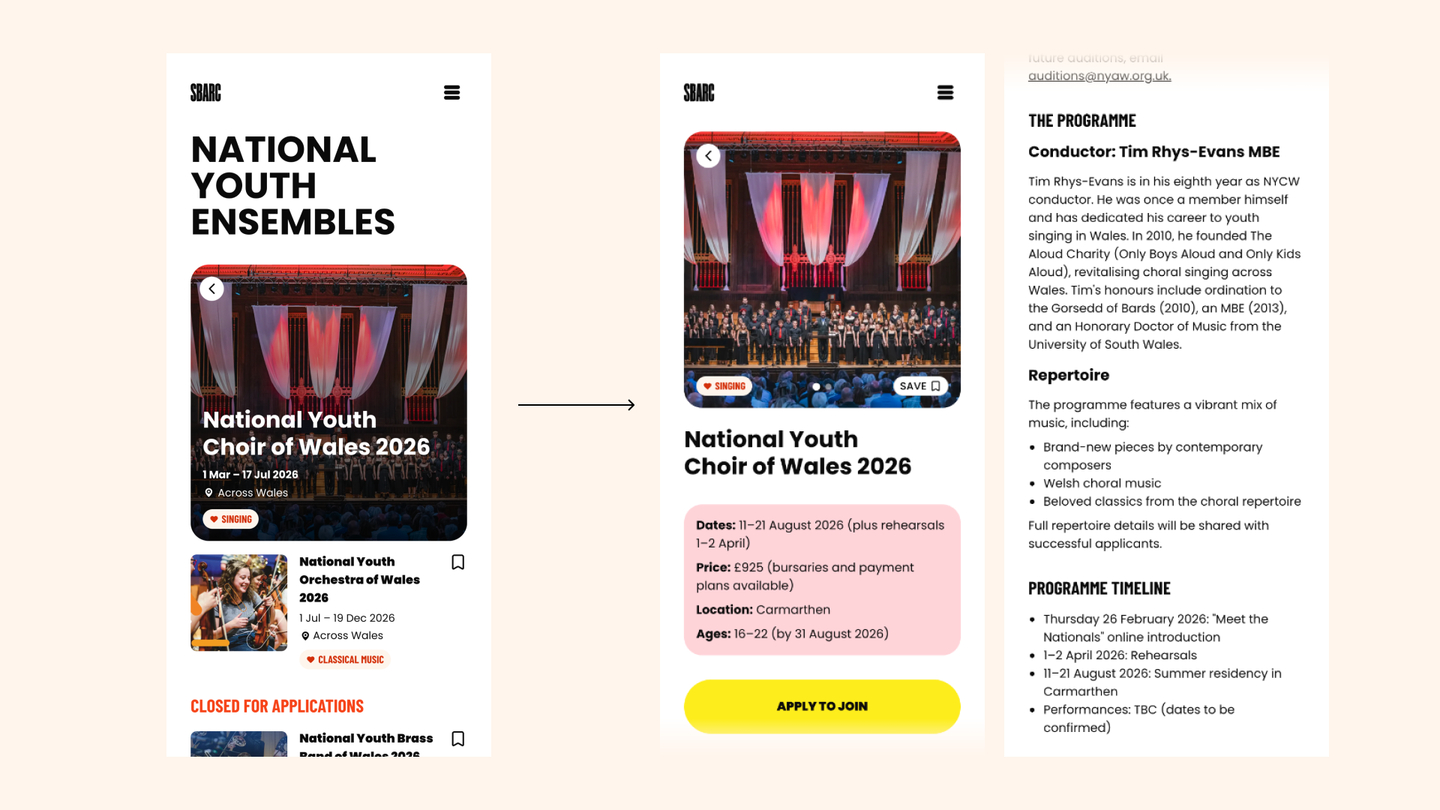 Screenshots of a listing of events and two detail-page views showing images and text about a choir event.